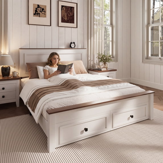 HSUNNS Full Size Bed Frame with Minimalist Headboard, Farmhouse Bedroom Furniture, Strong Wood Slats Support, Platform Bed with Storage Chest with 2 Drawers, No Box Spring Needed, Brown+White