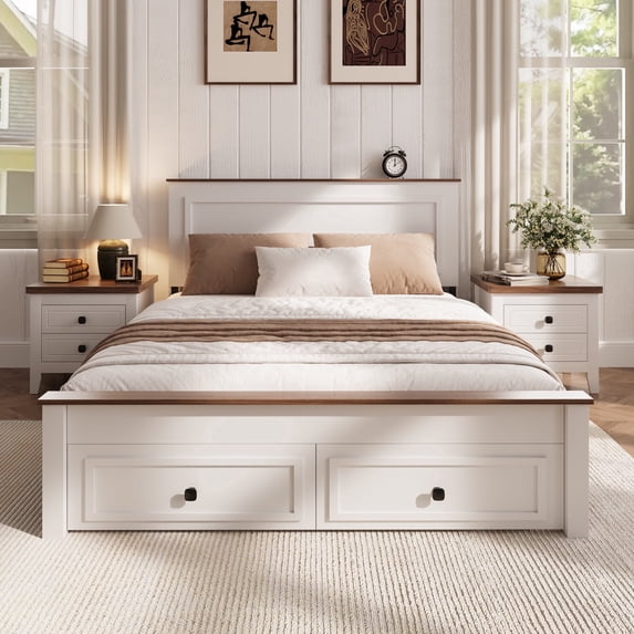HSUNNS Full Size Bed Frame with Minimalist Headboard, Farmhouse Bedroom Furniture, Strong Solid Wood Slats Support, Platform Bed with Storage Chest with 2 Drawers, No Box Spring Needed, Brown+White