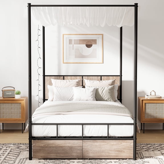 Full Size Canopy Bed Frame, HSUNNS 2 Storage Drawers Platform Bed Frame with Footboard and Wooden Headboard, Removable Canopy, Under-Bed Storage, Noise Free, Easy Assembly, Black+Brown