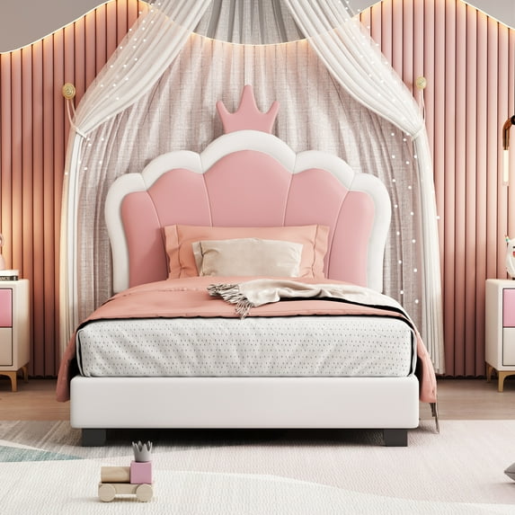 HSUNNS Twin Size Girl Bed with Crown Headboard, Soft PU Upholstered Princess Platform Bed Frame, No Spring Box Needed, Easy Assembly, Cream+Pink