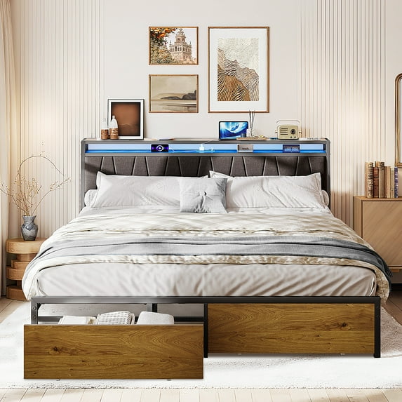 HSUNNS King Size Bed Frame with LED, Linen Upholstered Headboard Platform Bed with 2 Storage Drawers, Metal Modern King Bed with Charging Station, No Box Spring Needed, Easy Assembly, Black