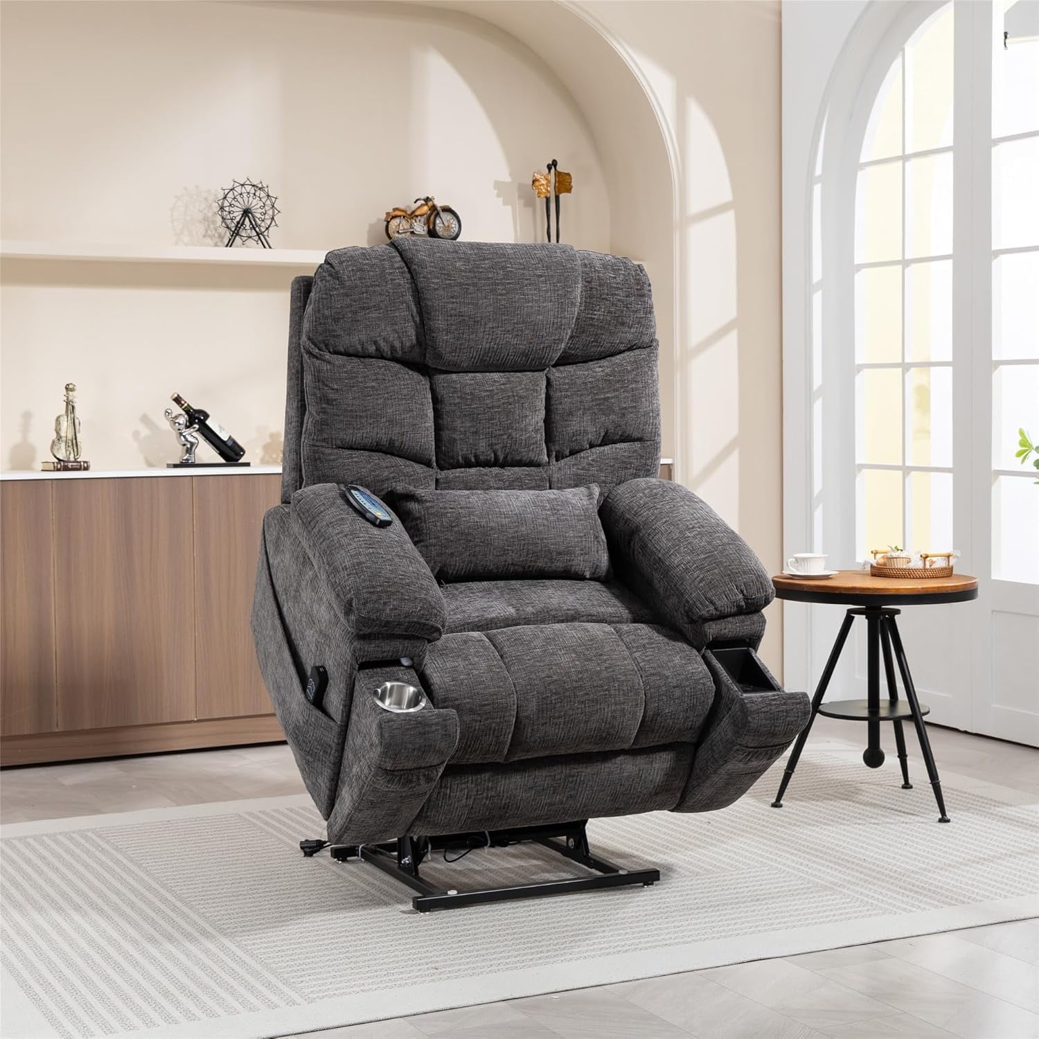 HSUNNS Lay Flat Power Lift Recliner Chair with Heat and Massage for Elderly, Infinite Position Heavy Duty Dual Motor Lift Chair 400 lbs Tall Man Recliner with Cup Holder & Wireless Phone Charger