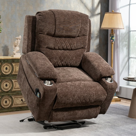 HSUNNS Lift Recliner Chair, Chenille Lift Recliners with Flip Armrest, Side Pockets and Cup Holder for Elderly, Power Sofa Chair with Remote Control for Living Room and Home Theater, Brown