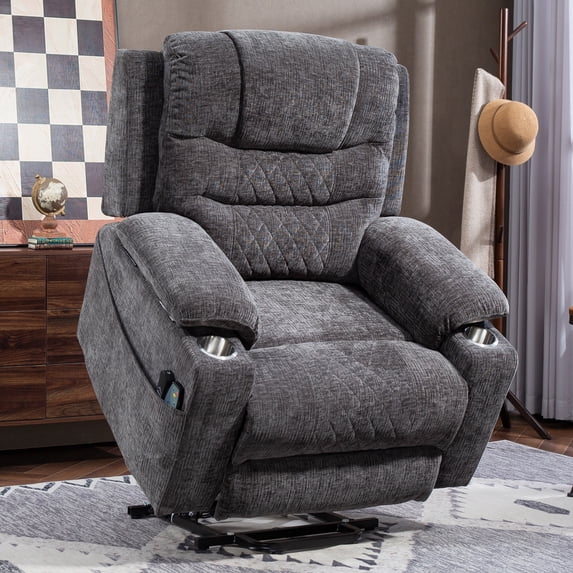 HSUNNS Lift Recliner Chair, Chenille Lift Recliners with Flip Armrest, Side Pockets and Cup Holder for Elderly, Power Sofa Chair with Remote Control for Living Room and Home Theater, Gray