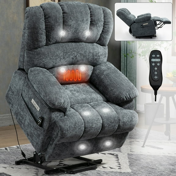 HSUNNS Lift Recliner Chair for Elderly, Power Recliners Single Sofa with Massage Function and Lumbar Heating, 37" Overstuffed Backrest Massage Reclining Chair with USB and Type-C Port, Blue-Gray
