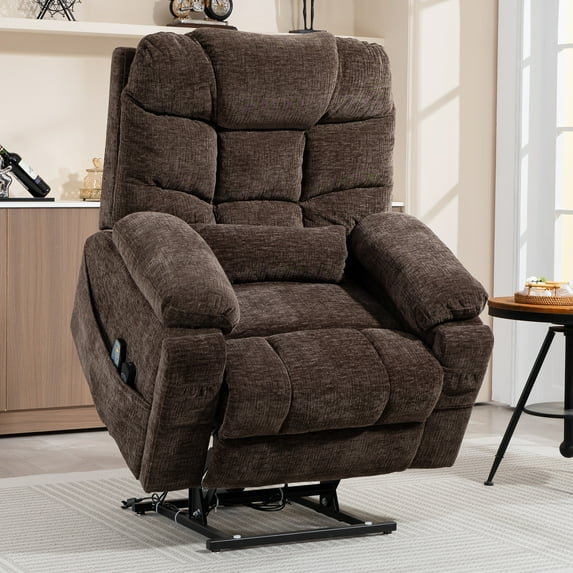 HSUNNS Lift Recliner Chair, Large Recliners with Massage and Lumbar Heating for Elderly, Electric Power Sofa with Wireless Charging, Hidden Cup Holders, Side Pocket and Charging Ports, Brown