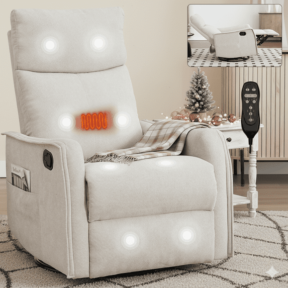HSUNNS Manual Recliner Chair with Heat Therapy and Massage Function, 360° Swivel Rocker Recliner Chair for Bedroom Home Theater, Beige