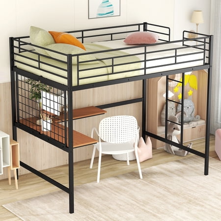 HSUNNS Metal Loft Bed with Desk, Full Loft Bed with Metal Grid and Ladder, Heavy Duty Metal Loft Bed Frame for Bedroom, Dorm Room, Guestroom, No Box Spring Needed, Black