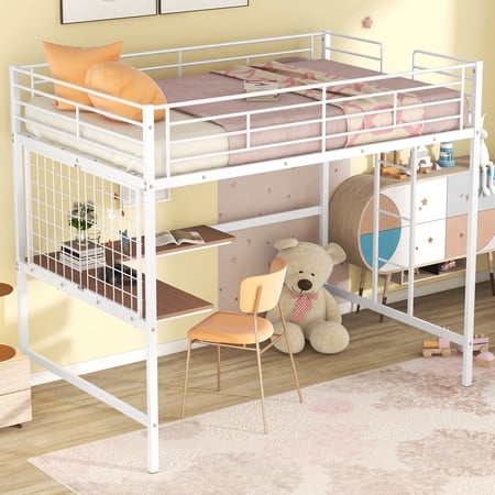 HSUNNS Metal Loft Bed with Desk, Full Loft Bed with Metal Grid and Ladder, Heavy Duty Metal Loft Bed Frame for Bedroom, Dorm Room, Guestroom, No Box Spring Needed, White