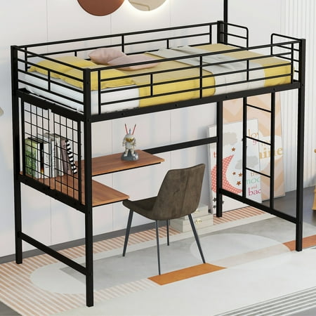 HSUNNS Metal Loft Bed with Desk, Twin Loft Bed with Metal Grid and Ladder, Heavy Duty Metal Loft Bed Frame for Bedroom, Dorm Room, Guestroom, No Box Spring Needed, Black