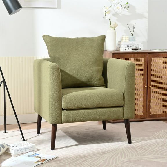 HSUNNS Modern Accent Chair, Fabric Upholstered Arm Chair with Pillow and Wood Legs, Mid-Century Accent Armchair for Living Room, Bedroom and Reception Room, Olive Green