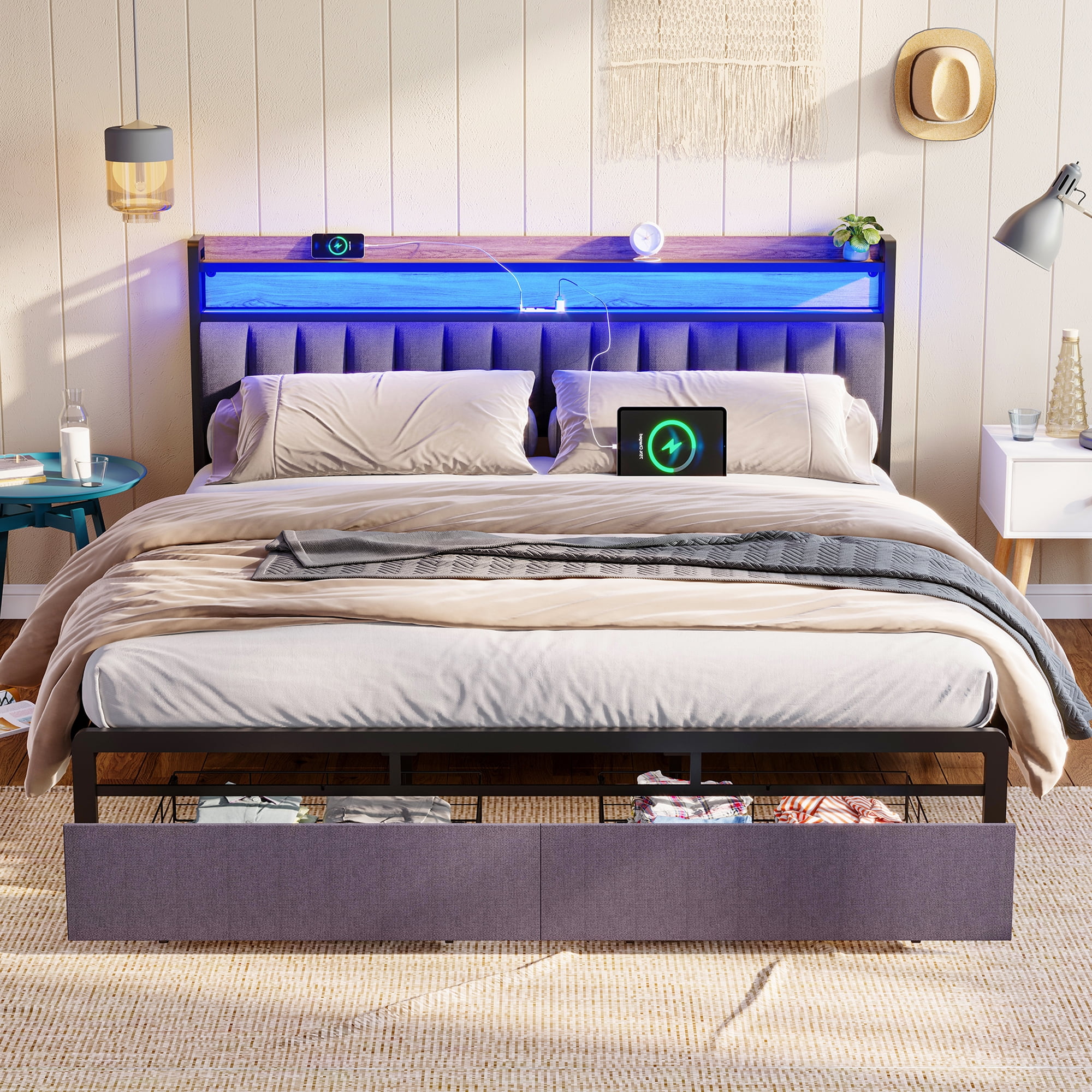 HSUNNS Modern LED Bed Frame King Size with 2 USB Ports and Outlets