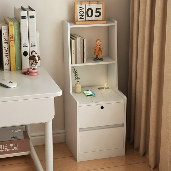 HSUNNS Modern Nightstand with 2 Drawers, Bedside Table with Charging Station and USB Night Light, Drawer Dresser Storage Cabinet with Bookshelf for Bedroom Living Room, White