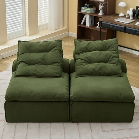 HSUNNS Modular Sofa, 2-Seat Compression Sofa Chair with Neck Pillow-Back and Lumbar Pillow, Corduroy Lounge Armless Reading Chair for Apartments, Reading Nooks and Dorms, DIY, Green