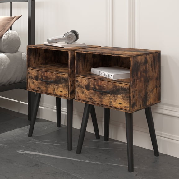 HSUNNS Nightstand Set 2, Modern Bedside Table with Storage Drawer and Open Wood Shelf, Modern Bedroom Bedside Table with Large Storage Space, Easy Assembly, brown
