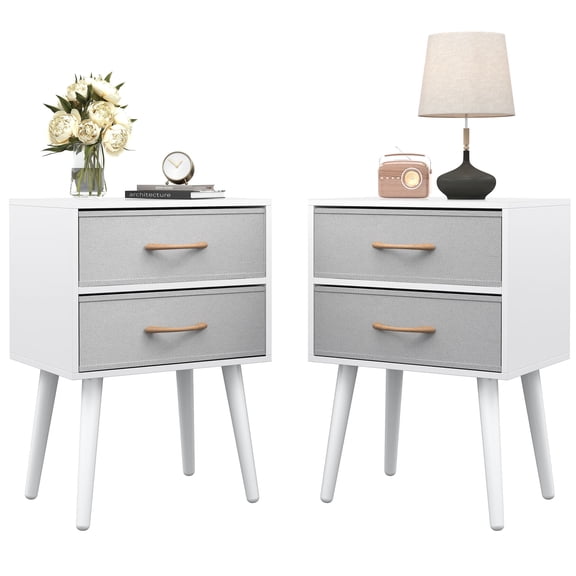 HSUNNS Night Stand Set 2 with 2 Rattan Cloth Drawers, Modern Bedroom Bedside Table with Large Storage Space and Metal Legs, Easy Assembly, White