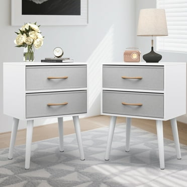 HSUNNS Nightstands Set of 2, Night Stands for Bedroom Set of 2 with 2 Cloth Drawers and Metal Legs, Modern End Table with Storage for Living Room, White