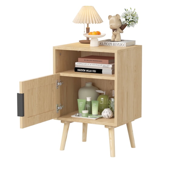 HSUNNS 22.83" H Rattan Nightstand, Side Table with Door Open Shelf, Accent Bedside End Table Night Stand for Bedroom, Dorm and Small Spaces, Oak