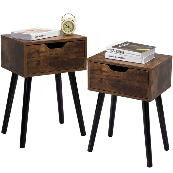 HSUNNS Nightstands Set of 2, Country Style End Table Nightstand Side Table with Drawer and Sturdy Legs, Wood Accent Table with Storage for Bedroom Living Room, Rustic Brown