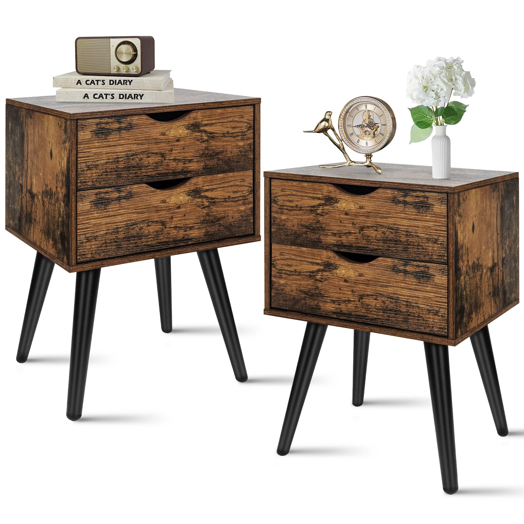 HSUNNS Nightstands Set of 2, Industrial Bedside Tables with 2 Drawers Storage, Wood End Table with Sturdy Metal Legs, Retro Night Stands Organizer, Suitable for Living Room Bedroom, Rustic Brown - image 1 of 12