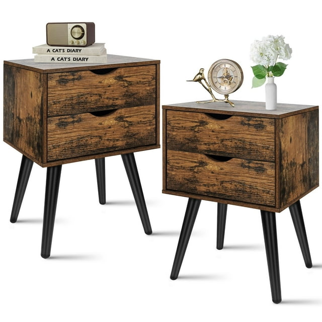 HSUNNS Nightstands Set of 2, Industrial Bedside Tables with 2 Drawers Storage, Wood End Table with Sturdy Metal Legs, Retro Night Stands Organizer, Suitable for Living Room Bedroom, Rustic Brown