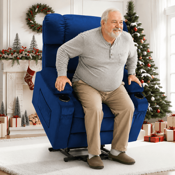 HSUNNS Oversized Power Lift Recliner Chair for Elderly, Big and Tall Adults, 26" Wide Seat with Massage and Heat, 2 Cup Holders and Side Pocket, Electric Reclining Chair for Living Room, Blue