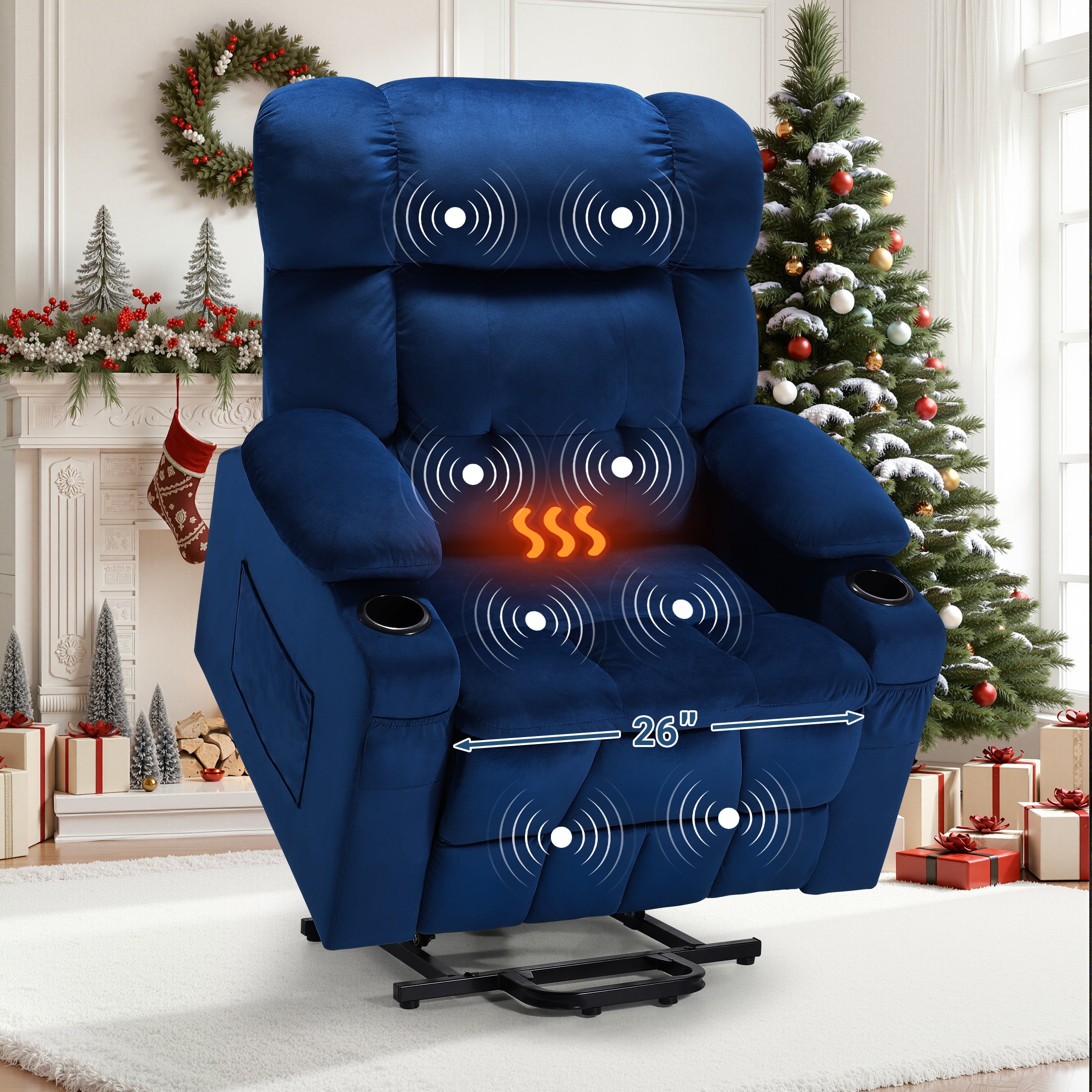HSUNNS Large Power Lift Recliner Chair with Massage and Heat for Elderly Big and Tall People, Overstuffed Wide Recliners with 2 Cup Holders, Side Pocket for Living Room, Single Sofa, Blue
