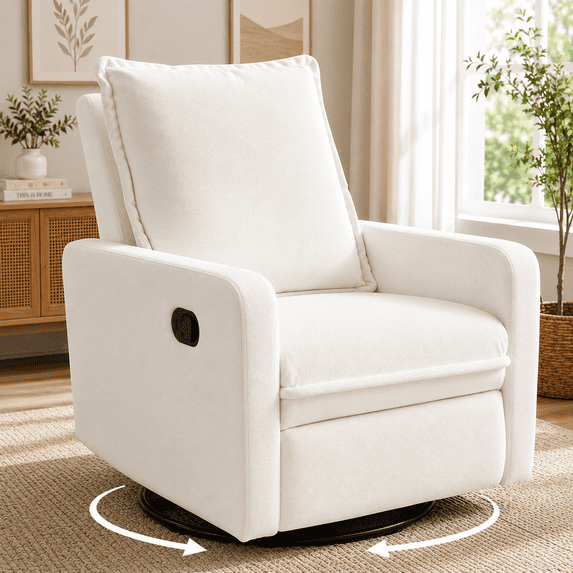 HSUNNS 360° Swivel Rocker Recliner Chair for Adults, Small Glider Recliner with Manual Recline for Small Spaces, Nursery Living Room Chair, White
