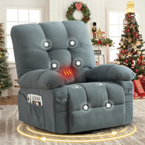 HSUNNS Oversized Swivel Recliner Chair for Adults, Living Room Fabric Recliner Chair with Massage and Heat, Single Sofa with USB Port, Side and Front Pocket, Blue