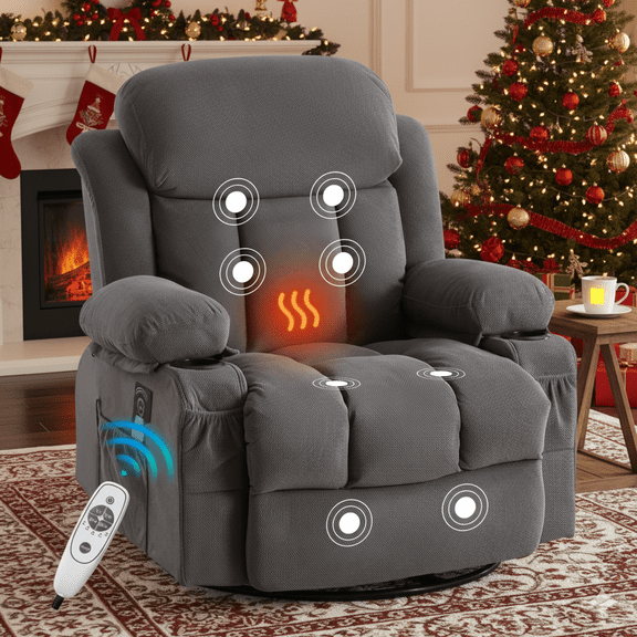 HSUNNS Swivel Rocker Recliner Chair with Heat and Massage, 360° Velvet Reclining Single Sofa for Adults, USB Charging Port, Cup Holders, Side and Front Storage Pockets, Gray