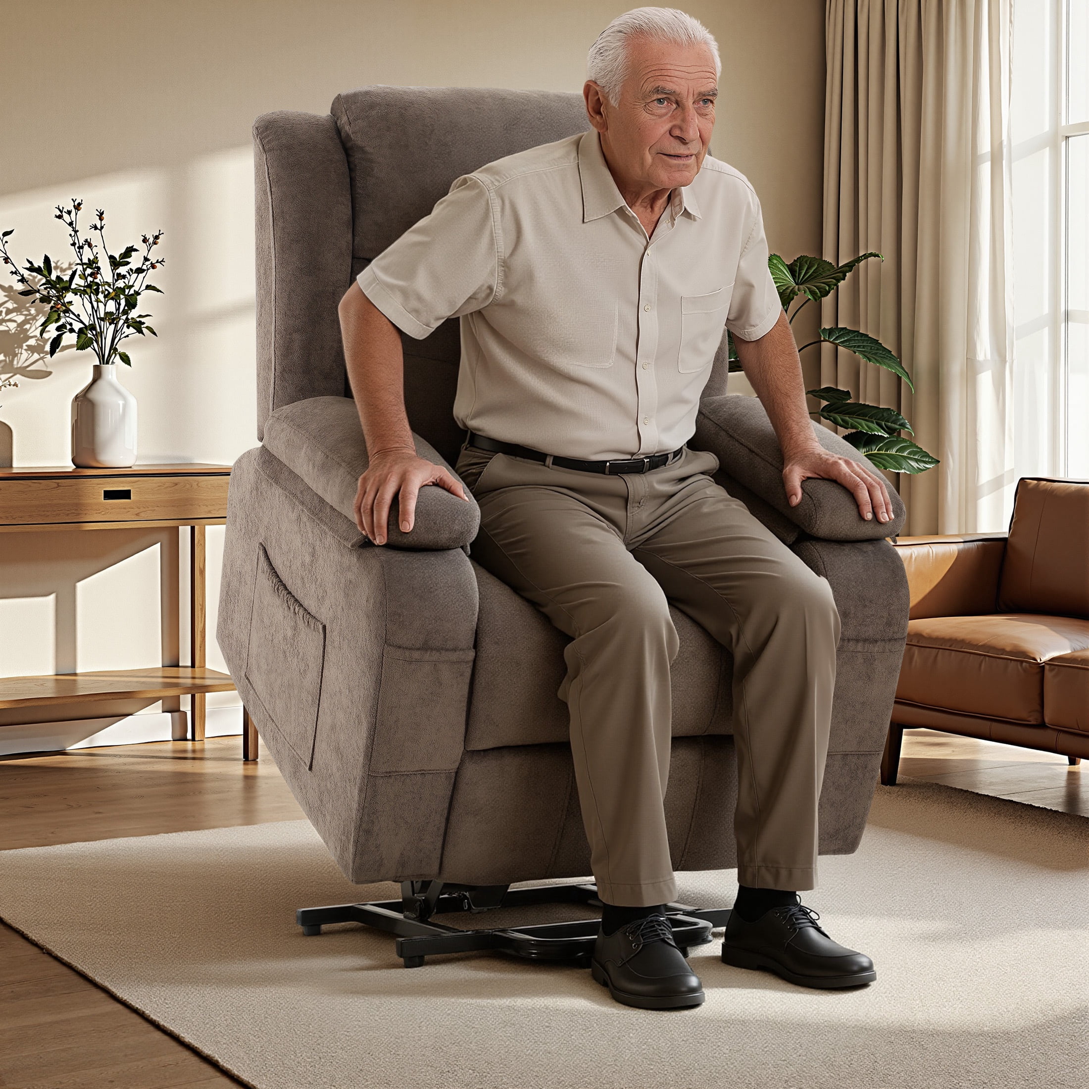 HSUNNS Power Lift Recliner Chair for Elderly, Overstuffed Wide Recliners for Adults, Heavy Duty Recliner Sofa and Safety Motion Reclining Mechanism, 45°-135° Recline, 350lb Capacity, Brown