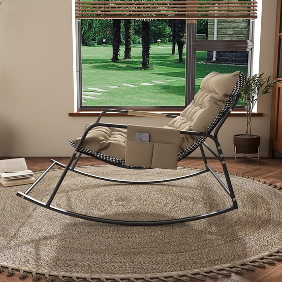 HSUNNS Oversized Rocking Chair with Storage, Upholstered & Armrests, All-Season Comfort Lounge Recliner, Breathable Ergonomic Lounge Chair for Bedroom, Living Room, Patio, Garden, 300lbs, Beige