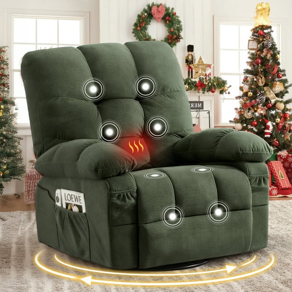 HSUNNS Oversized Swivel Recliner Chair for Adults, Living Room Fabric Recliner Chair with Massage and Heat, Single Sofa with USB Port, Side and Front Pocket, Green