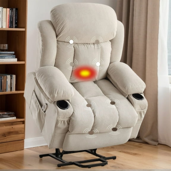 HSUNNS Power Lift Recliner Chair for Adult, Fabric Single Electric Recliner with Massage and Heat, Living Room Chair with USB Charge Port, Cup Holder, Side and Front Pocket, Beige