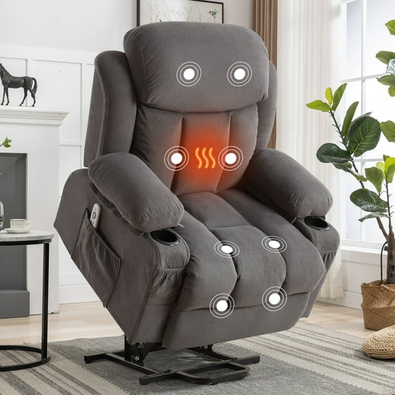 HSUNNS Power Lift Recliner Chair for Adult, Fabric Single Electric Recliner with Massage and Heat, Living Room Chair with USB Charge Port, Cup Holder, Side and Front Pocket, Gray