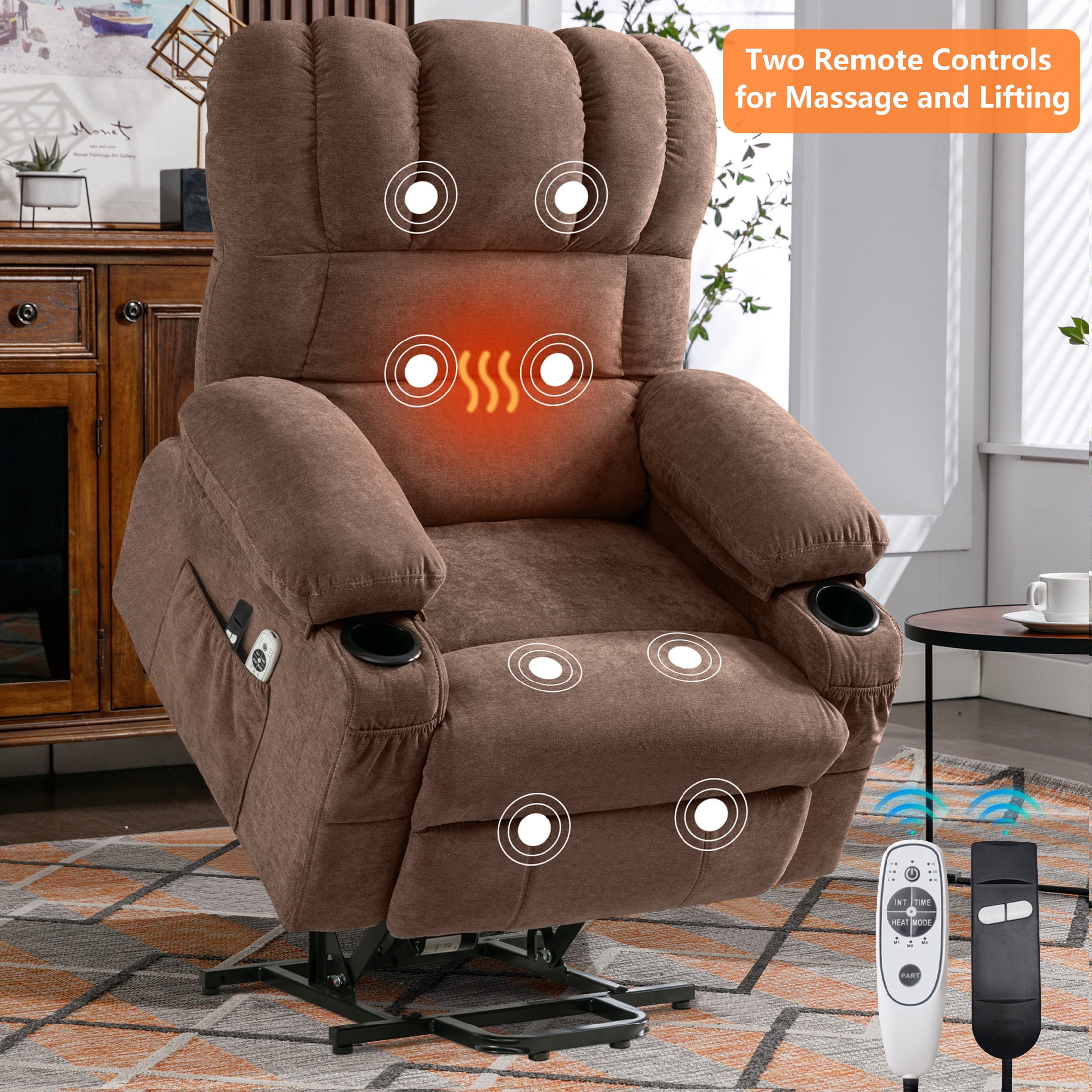 HSUNNS Recliners Lift Chair for Elderly, Living Room Cotton Recliner Chair with Massage and Heat, Single Sofa with USB Port, Cup Holder, Side and Front Pocket, Brown