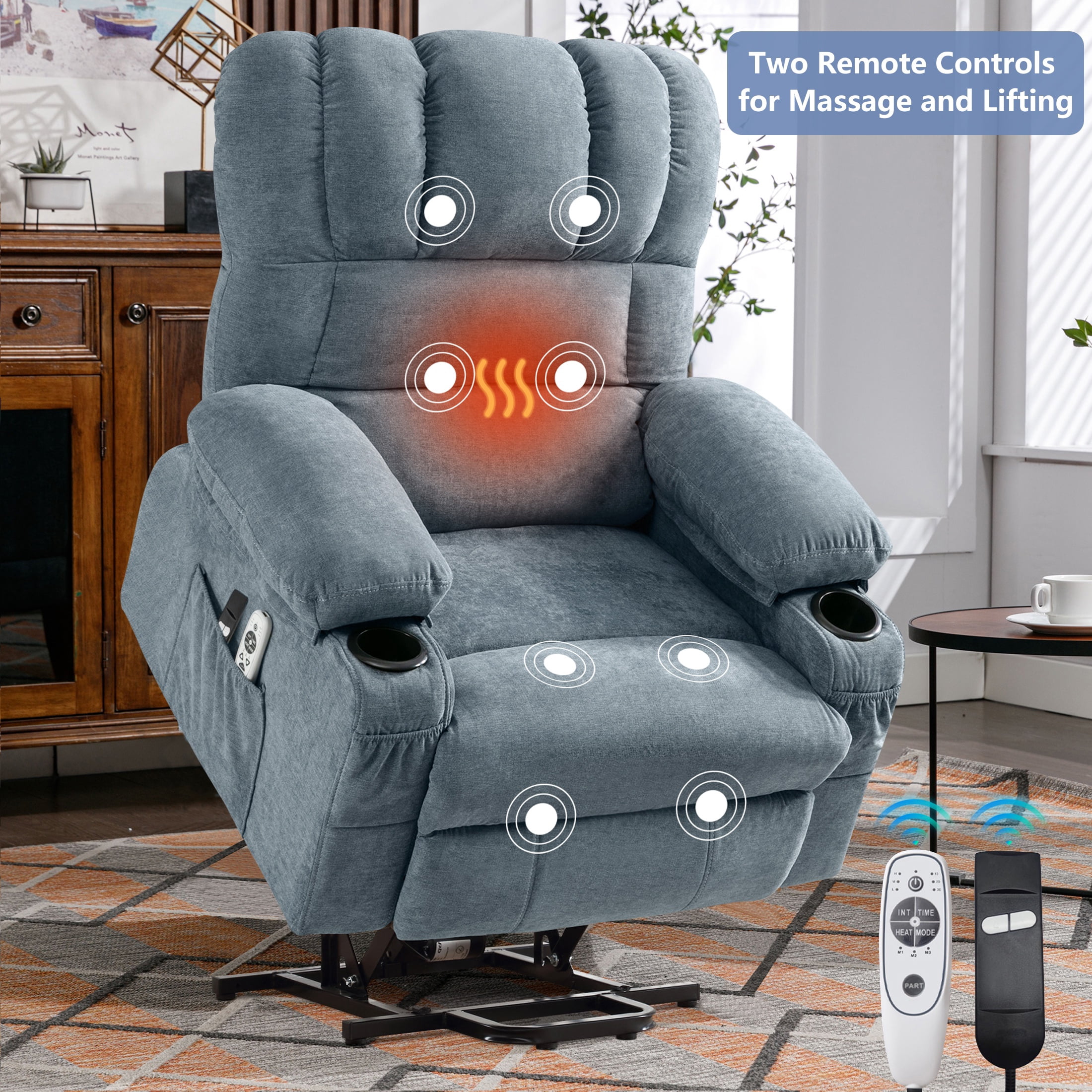 HSUNNS Recliners Lift Chair for Elderly, Living Room Cotton Recliner Chair with Massage and Heat, Single Sofa with USB Port, Cup Holder, Side and Front Pocket, Blue