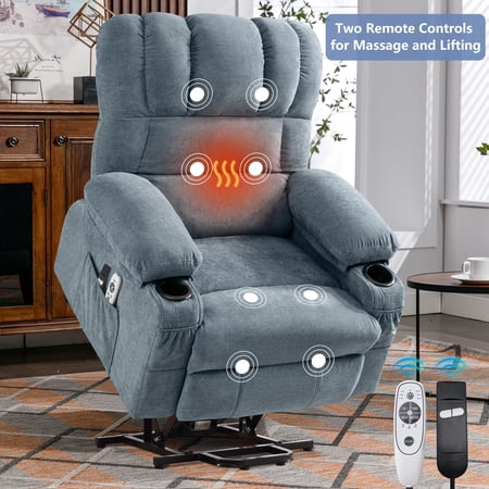 HSUNNS Recliners Lift Chair for Elderly, Living Room Cotton Recliner Chair with Massage and Heat, Single Sofa with USB Port, Cup Holder, Side and Front Pocket, Blue