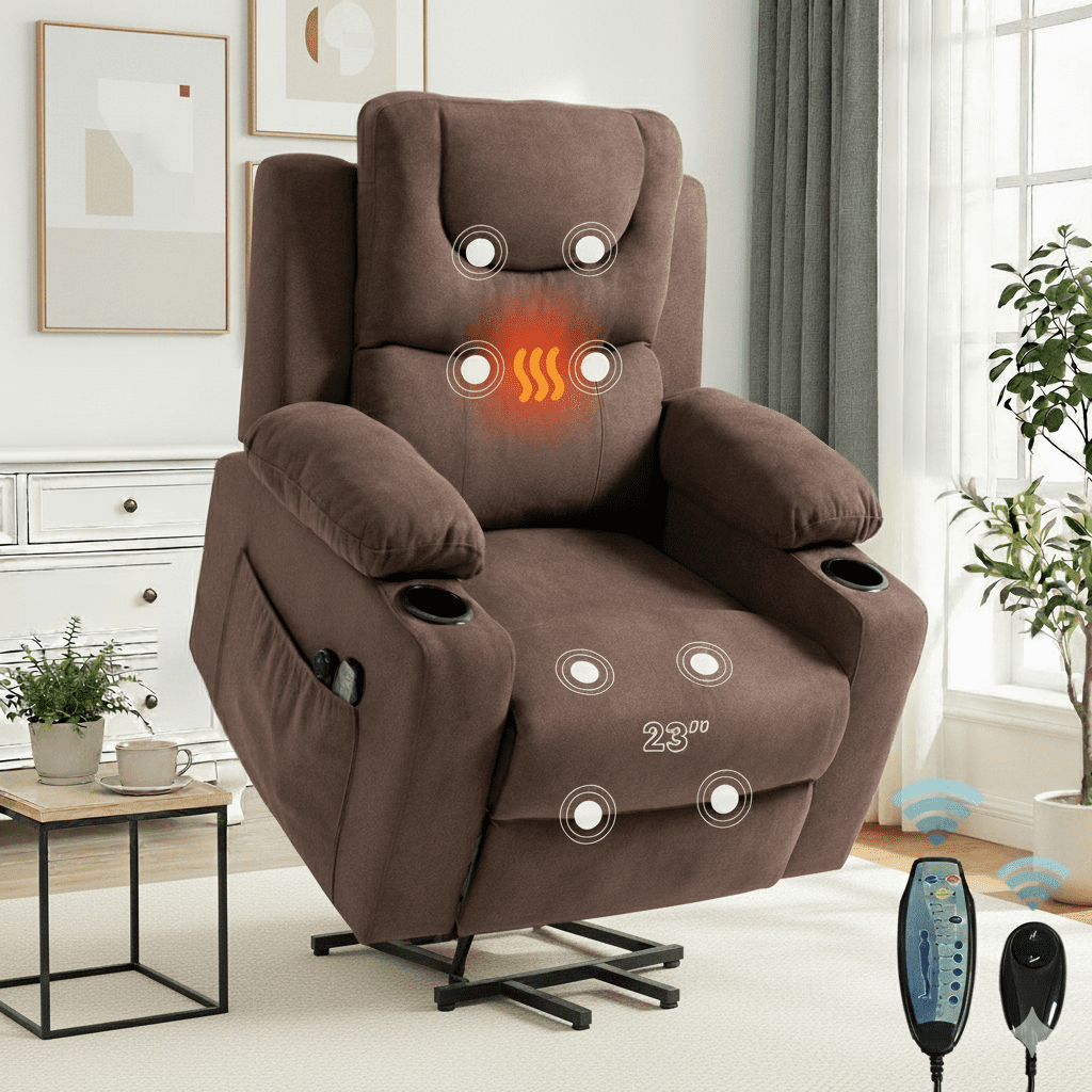 HSUNNS Power Lift Recliner Chair for Elderly, Electric Lift Chair with Heat & Massage, Infinite Position Reclining Sofa with Side Pocket for Living Room, Brown