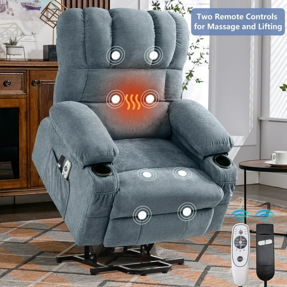 HSUNNS Power Lift Recliner Chair for Elderly, Electric Recliners with Heat and Massage, USB Charge Port, Cup Holders, Infinite Position and Side Pockets, Fabric Single Sofa for Living Room, Blue