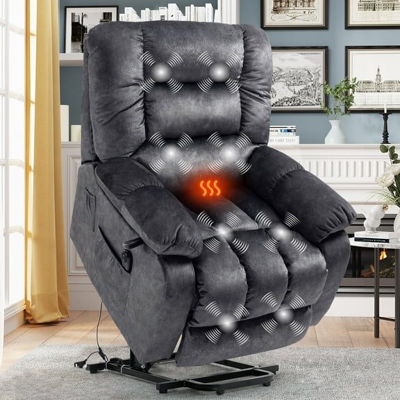 HSUNNS Recliners Lift Chair for Elderly, Living Room Velvet Recliner Chair with Massage and Heat, Single Sofa with Side Pocket, Grey