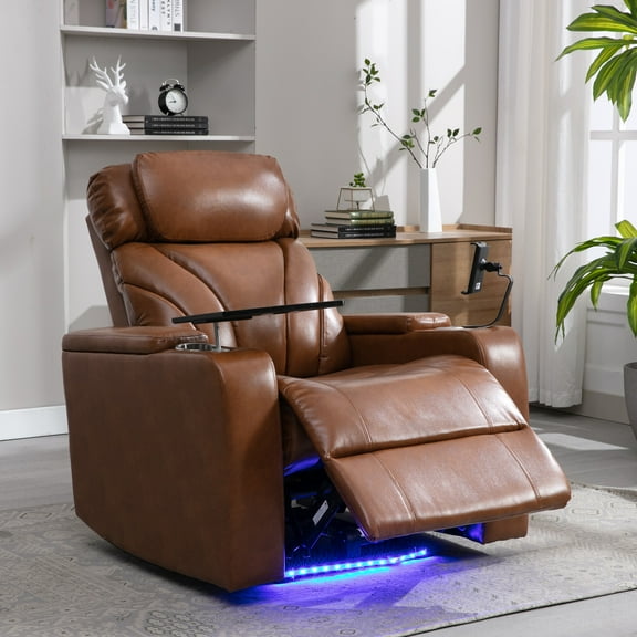 HSUNNS Power Motion Recliner with Cup Holders, Ambient Lighting, USB Charge Port, Hand in-Arm Storage and Bluetooth Speaker, Gaming Recliner Chair, Light Brown