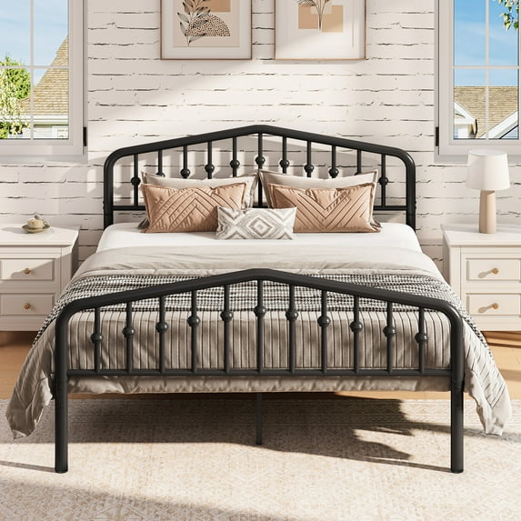 HSUNNS Queen Platform Bed Frame with Headboard, Metal Queen Size Bed Frame for Adults Teens, Victorian Style Queen Bed Frame Bedroom Furniture, No Box Spring Needed, Noise Free, Smooth Finish, Black