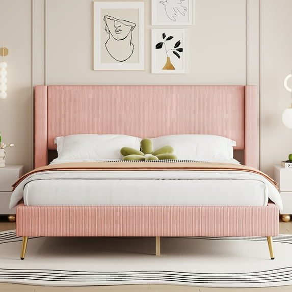 HSUNNS Queen Size Bed Frame, Platform Bed Frame with Corduroy Upholstered Headboard, Modern Bedroom Furniture, Wooden Slat Support, Metal Legs, No Box Spring Needed, Pink
