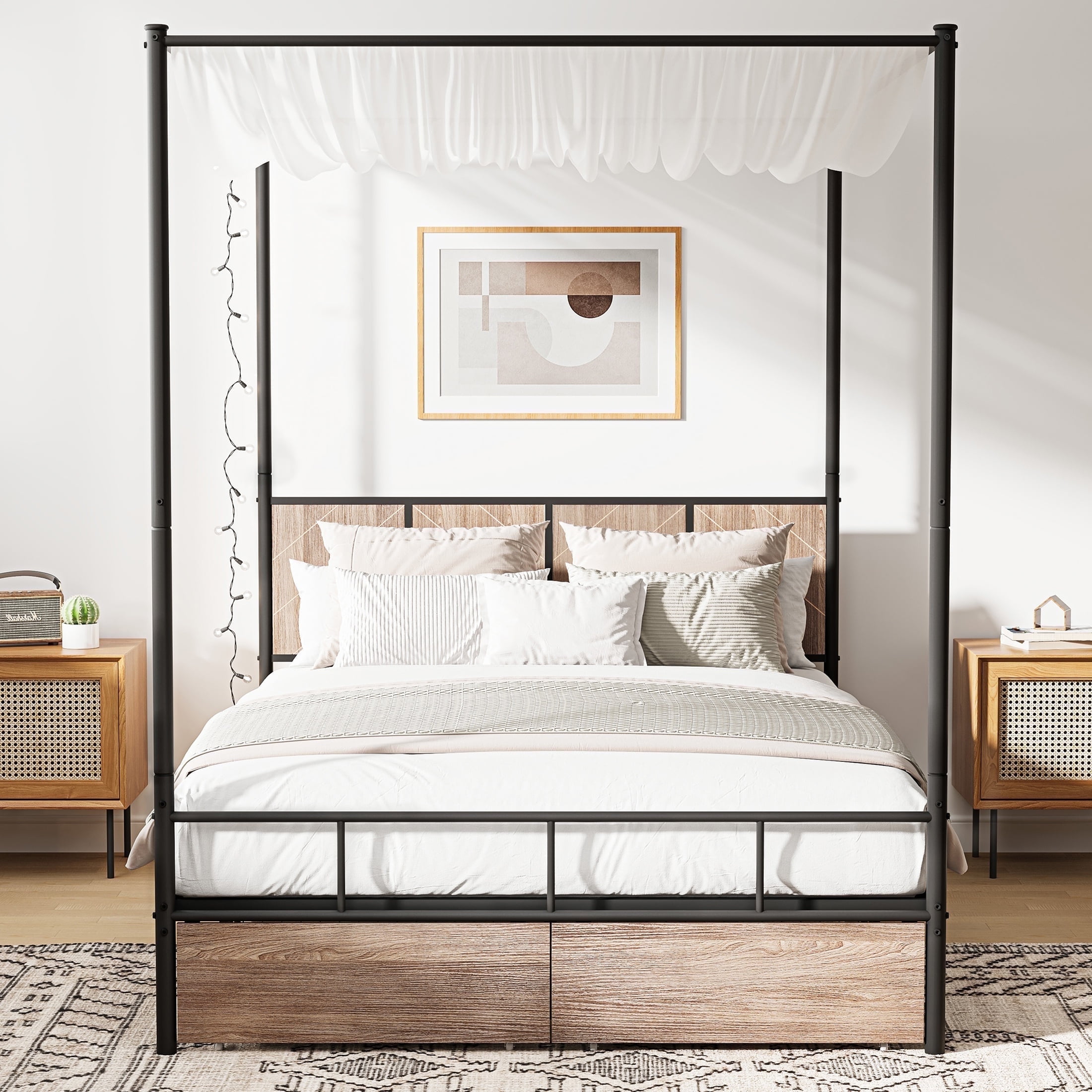 Queen Size Canopy Bed Frame, HSUNNS 2 Storage Drawers Platform Bed Frame with Footboard and Wooden Headboard, Removable Canopy, Under-Bed Storage, Noise Free, Easy Assembly, Black+Brown