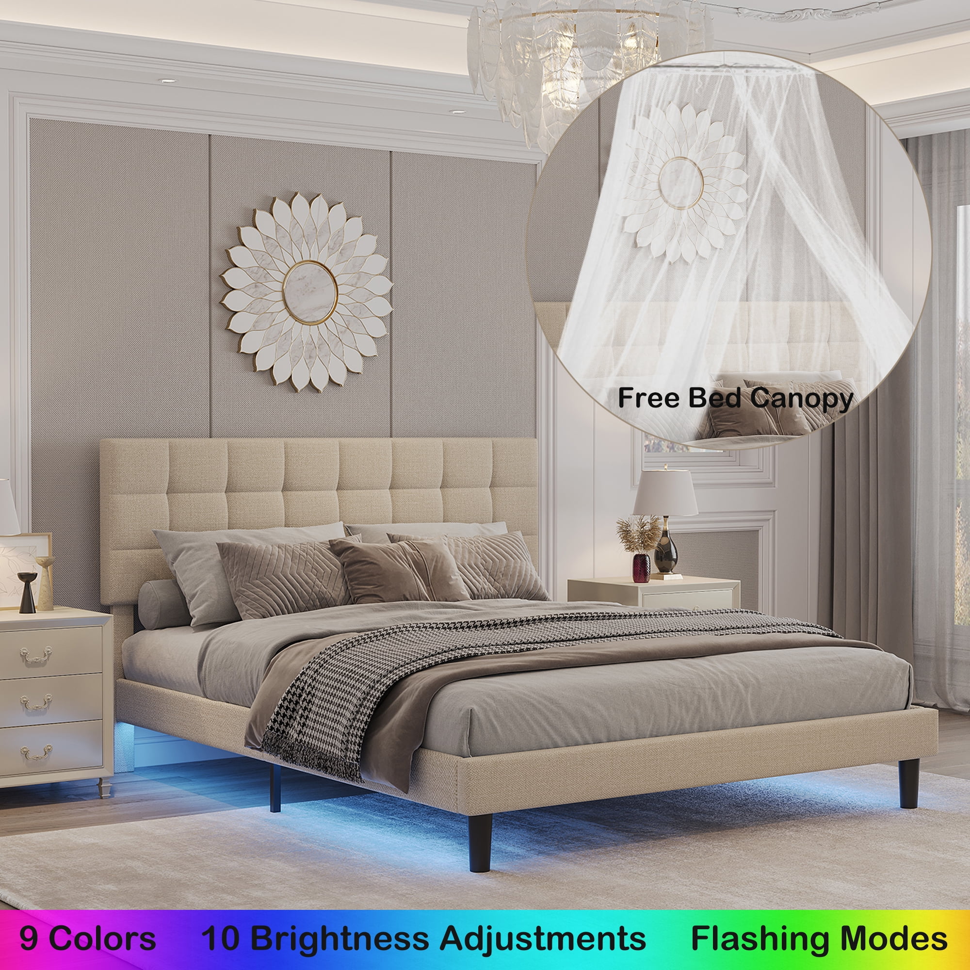 HSUNNS Qunee Bed Platform Bed with Lights, Queen Size Lighted