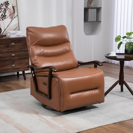HSUNNS Recliner Chair, Manual Oversized Reclining Chair with 360 Degree Swivel and Infinite Position, USB Charge Port, PU Leather Rocker Recliner Chair for Living Room, Orange