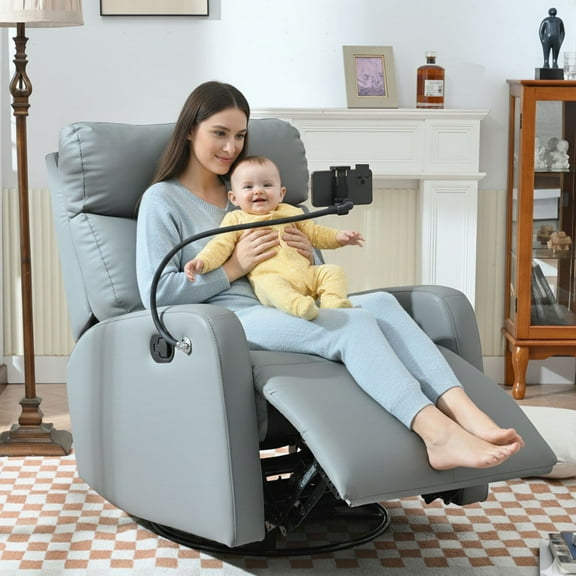 HSUNNS Rocking Recliner Chair, 360°Swivel Nursery Rocking Chair, Modern PU Leather Recliner with Phone Holder, Nursery Recliner Chair for Bedroom Living Room Home Theater Small Space, Blue Grey