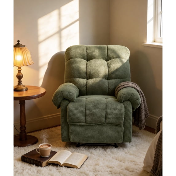 HSUNNS Recliner Chair, Overstuffed Armchair with Padded Footrest, Manual Reclining Lounge Chair for Living Room, Home Theater, Soft Fabric Ergonomic Reading Chair, Green