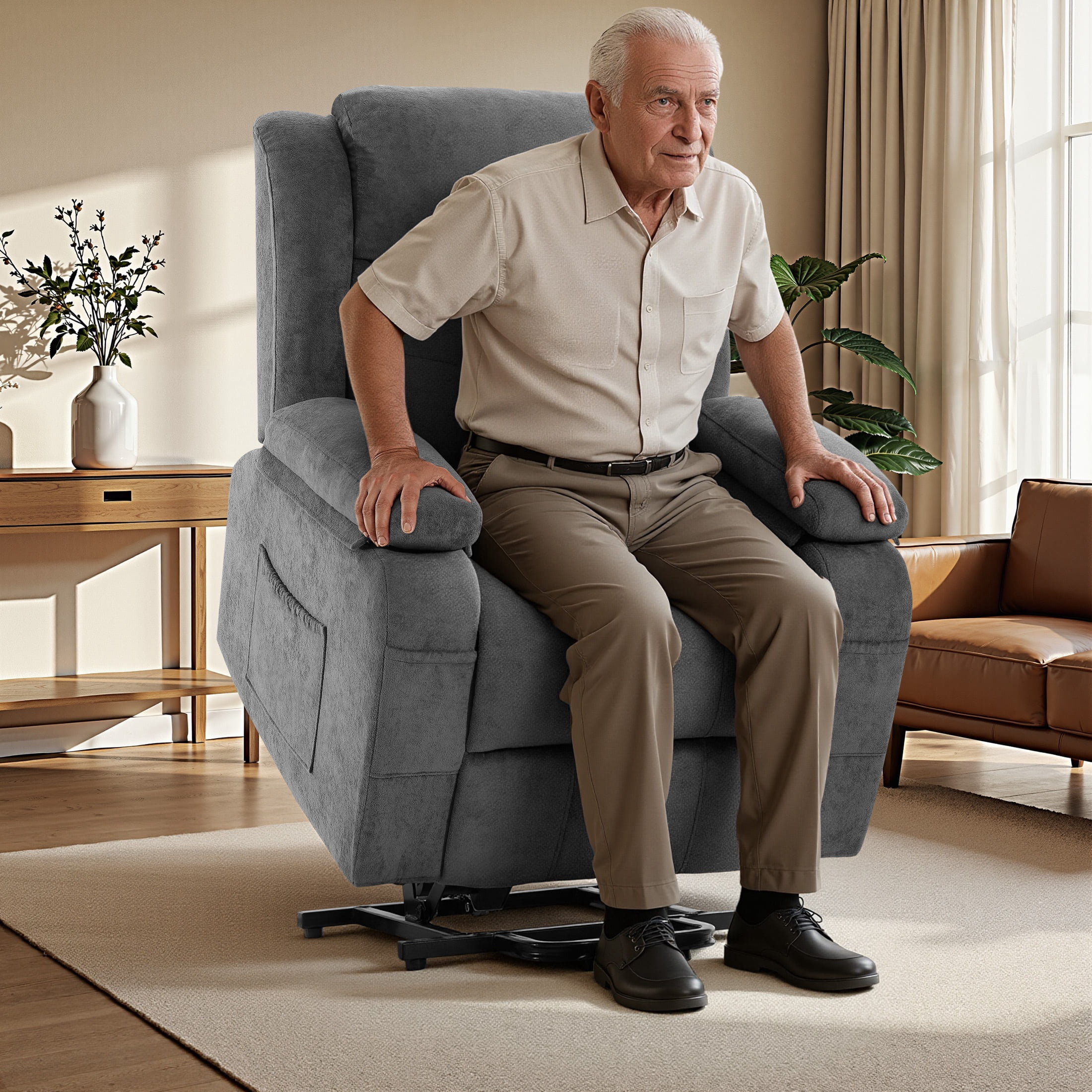 HSUNNS Power Lift Recliner Chair for Elderly, Overstuffed Wide Recliners for Adults, Heavy Duty Recliner Sofa and Safety Motion Reclining Mechanism, 45°-135° Recline, 350lb Capacity, Grey